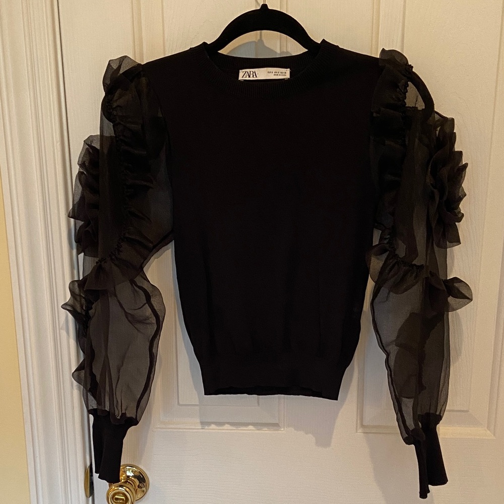 Zara Black Ruffle Sheer Sleeve Blouse